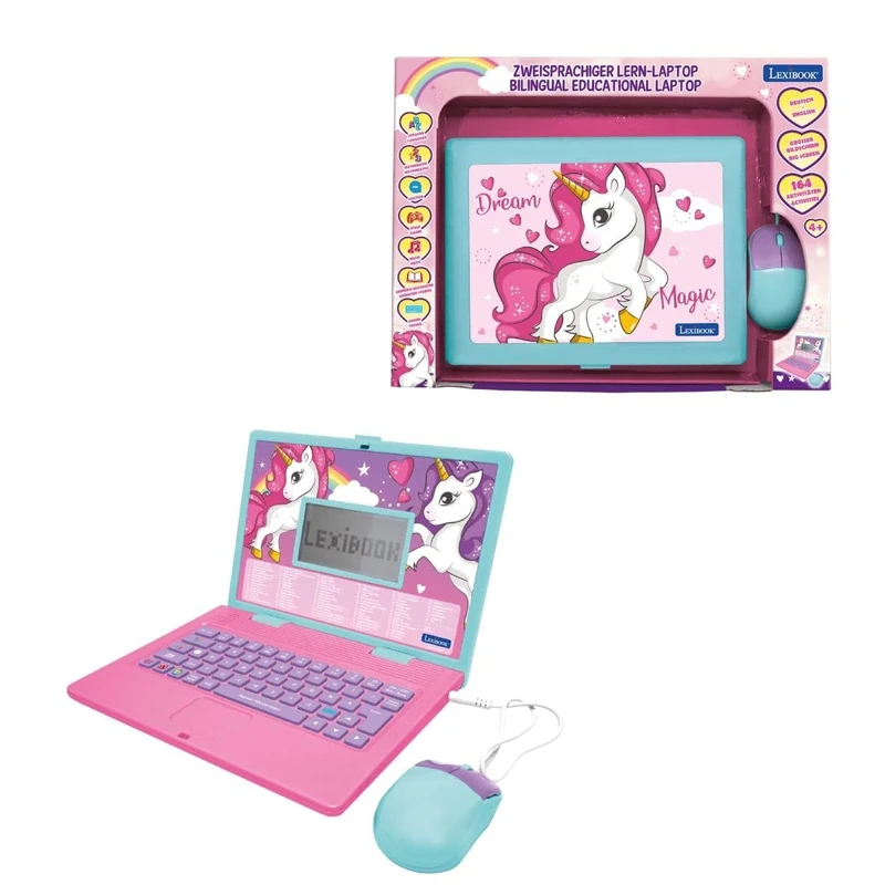 LEXIBOOK, Unicorn Educational Laptop, 164 Bilingual Activities English-German, 3 Animated Stories, Syllabic Learning, Varied Educational Games, JC598UNIi3