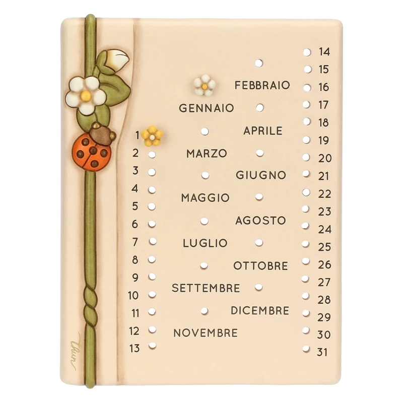 THUN Wall Calendar, Ceramic; Silicone Stoppers, Plastic Hook, Double-Sided Tape, Country Bloom Collection, 22 x 2.2 x 29 cm