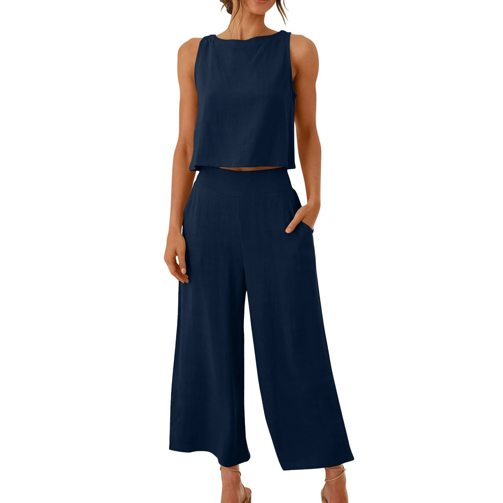 2 Piece Outfits Women Cotton Linen Sleeveless Crop Tops Wide Leg Trousers Co Ord Sets Summer Loungewear Airport Outfit Linen Sets for Women Solid Casual Loose Tracksuit with Pockets