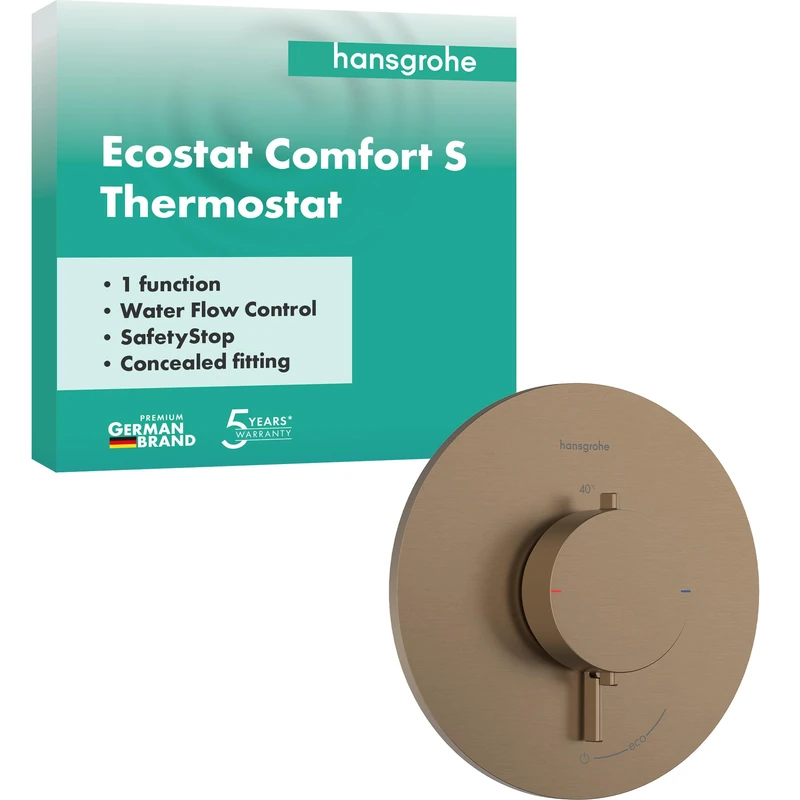 hansgrohe Ecostat Comfort S - Thermostat Concealed, Thermostatic Mixer with Safety Stop at 40 °C, Thermostat Round, Mixer tap for 1 Function, Brushed Bronze, 33714140