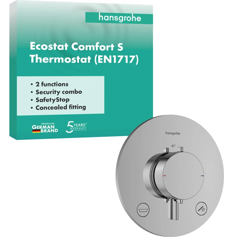 hansgrohe Ecostat Comfort S - Thermostat Concealed with Security Combination, Thermostatic Mixer with Safety Stop at 40 °C, Thermostat Round, Mixer tap for 2 Functions, Chrome, 33718000