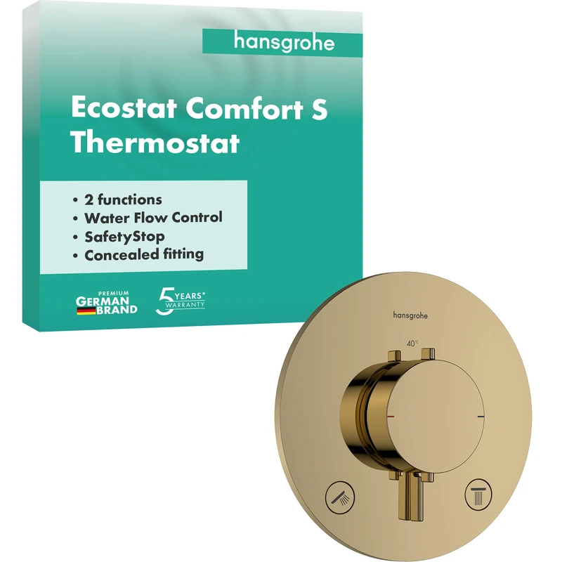 hansgrohe Ecostat Comfort S - Thermostat Concealed, Thermostatic Mixer with Safety Stop at 40 °C, Thermostat Round, Mixer tap for 2 Functions, Polished Gold Optic, 33715990
