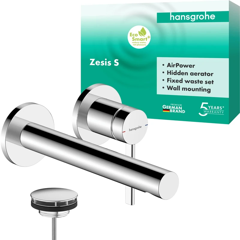 hansgrohe Zesis S - Bathroom tap conceiled for Wall mounting with Waste Set, Bathroom Sink tap with spout Length 19,4 cm, Basin Mixer tap Water-Saving (EcoSmart+), Chrome, 74750000