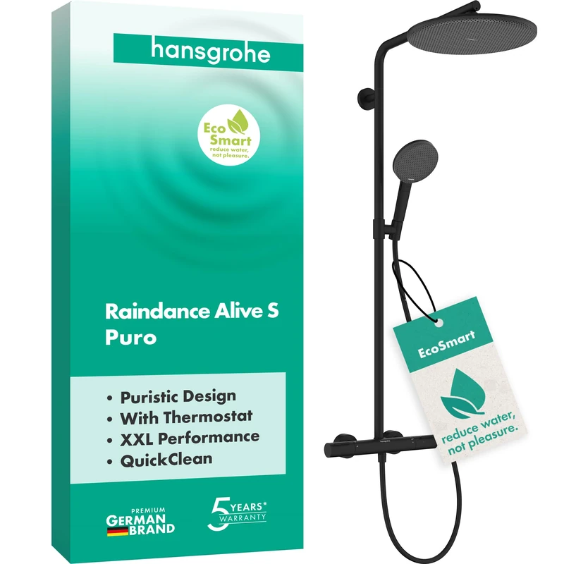 hansgrohe 24593670 Raindance Alive S Puro Showerpipe 300 1jet EcoSmart with Ecostat Element Shower System, Matt Black