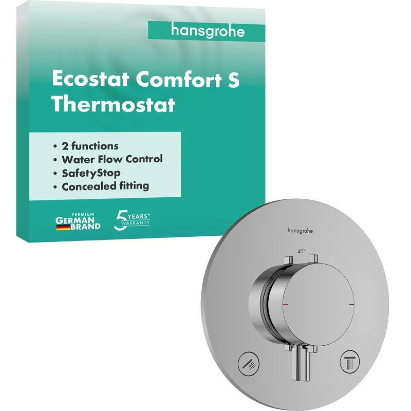 hansgrohe Ecostat Comfort S - Thermostat Concealed, Thermostatic Mixer with Safety Stop at 40 °C, Thermostat Round, Mixer tap for 2 Functions, Chrome, 33715000