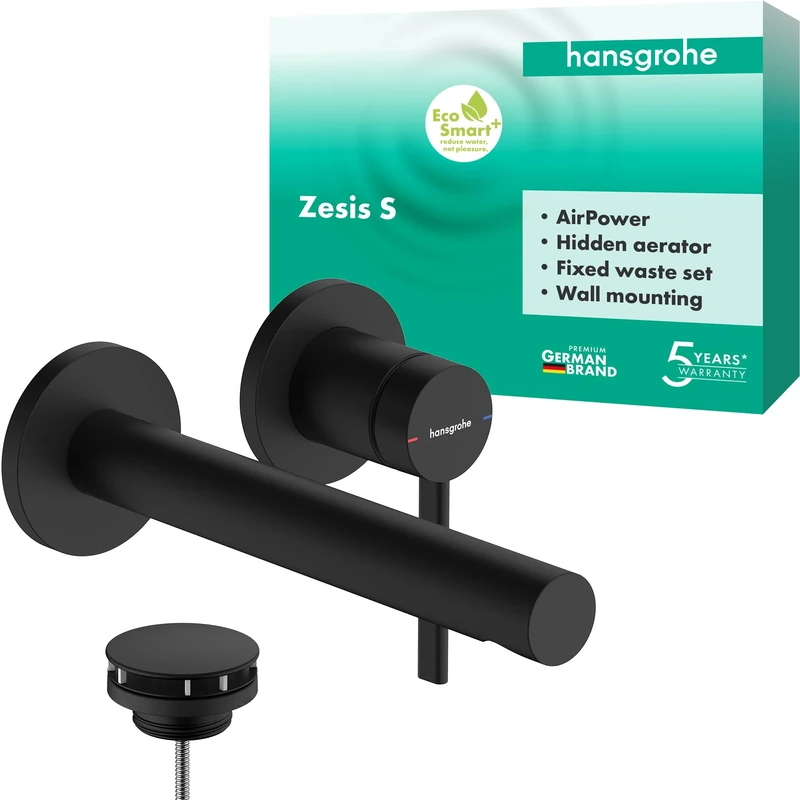 hansgrohe Zesis S - Bathroom tap conceiled for Wall mounting with Waste Set, Bathroom Sink tap with spout Length 19,4 cm, Basin Mixer tap Water-Saving (EcoSmart+), matt Black, 74750670