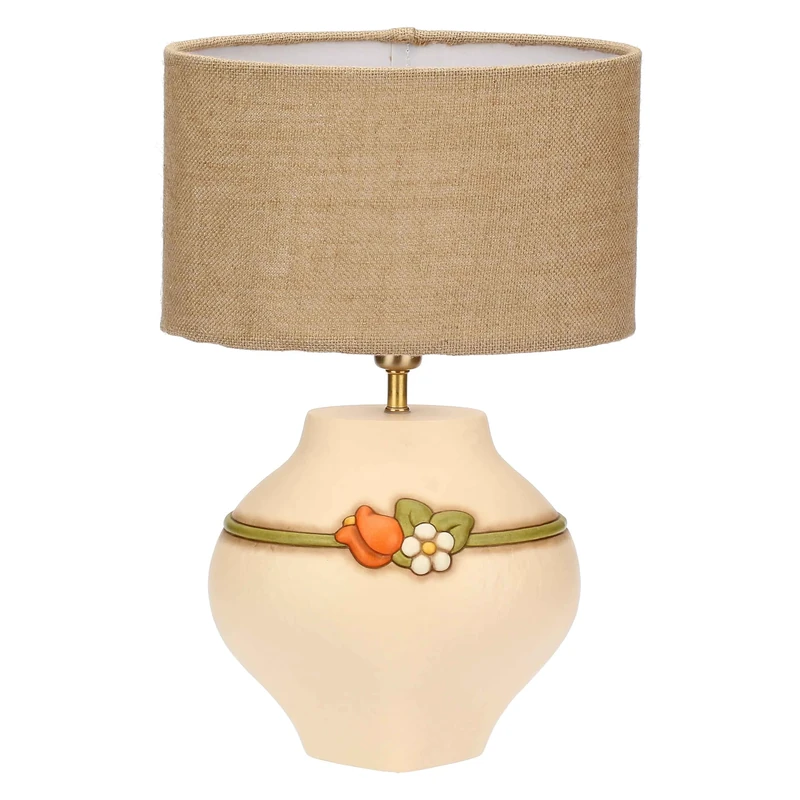 THUN Lamp with Medium Ceramic Flowers, Lampshade in Flame Retardant Cotton and Polyester, Structure Lampshade in Painted Iron, Country Bloom Collection, 22 x 17 x 20.8 cm
