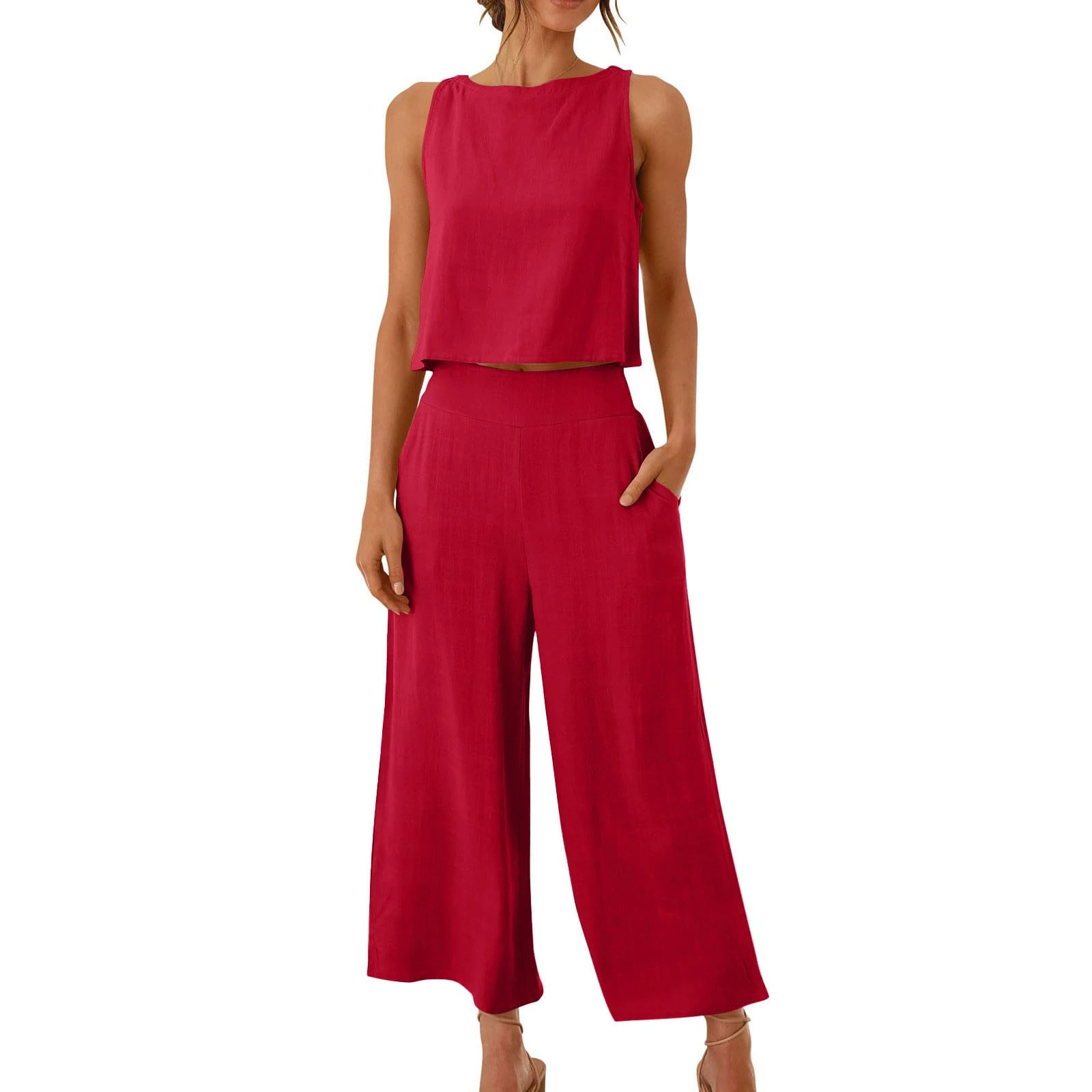 2 Piece Outfits Women Cotton Linen Sleeveless Crop Tops Wide Leg Trousers Co Ord Sets Summer Loungewear Airport Outfit Linen Sets for Women Solid Casual Loose Tracksuit with Pockets