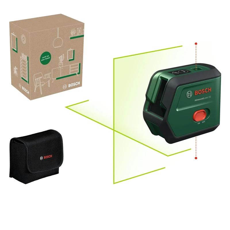 Bosch Cross line Laser AdvancedLevel 2G (self-Levelled Laser Cross, Green Laser, 3,6 V Li-Ion Battery with USB-C in-Tool Charging, in E-Commerce Cardboard Box)
