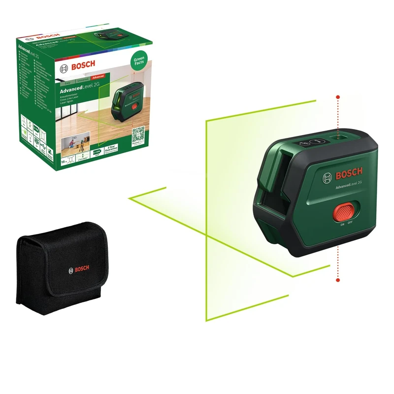 Bosch Cross line Laser AdvancedLevel 2G (self-Levelled Laser Cross, Green Laser, 3,6 V Li-Ion Battery with USB-C in-Tool Charging, in Cardboard Box)