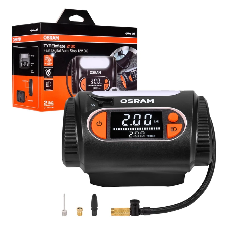 OSRAM TYREinflate 2130, extra large digital display, programmable auto-stop function, wind-up power cable with fused 12V DC plug, tyre inflation in 2 minutes