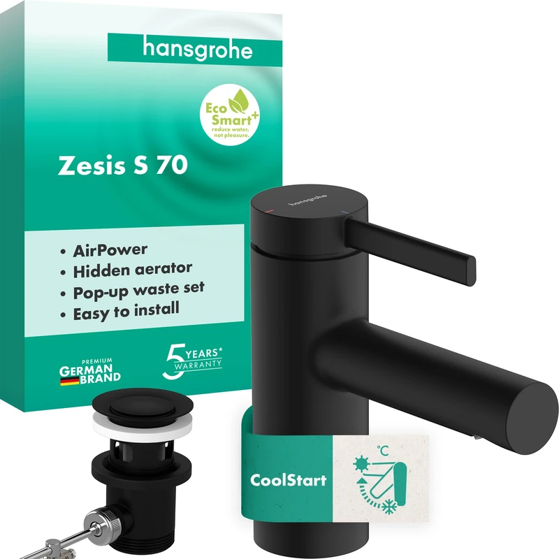hansgrohe Zesis S - Bathroom tap with Metal pop-up Waste Set, Energy-Saving (CoolStart), Bathroom Sink tap with spout Height 74 mm, Basin Mixer tap Water-Saving (EcoSmart+), matt Black, 74714670 - Image 1