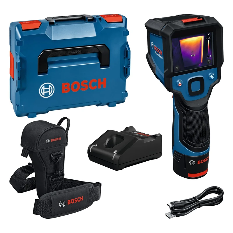 Bosch Professional Thermo Camera GTC 12V-450-13 (256x192 px Resolution, -20°C to +450 °C, Dual Power Source, GBA 12V 2.0 Ah Li-Ion Battery, GAL 12V-40 Charger, Pouch, USB-C® Cable, L-Boxx)