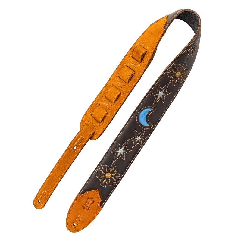 Levy's Leathers Sunbird Series Guitar Strap with Vibrant Multi-layered Sun and Moon Design, Featuring Genuine Dark Brown Suede Leather Ends (M4MN-DBR) - Image 1