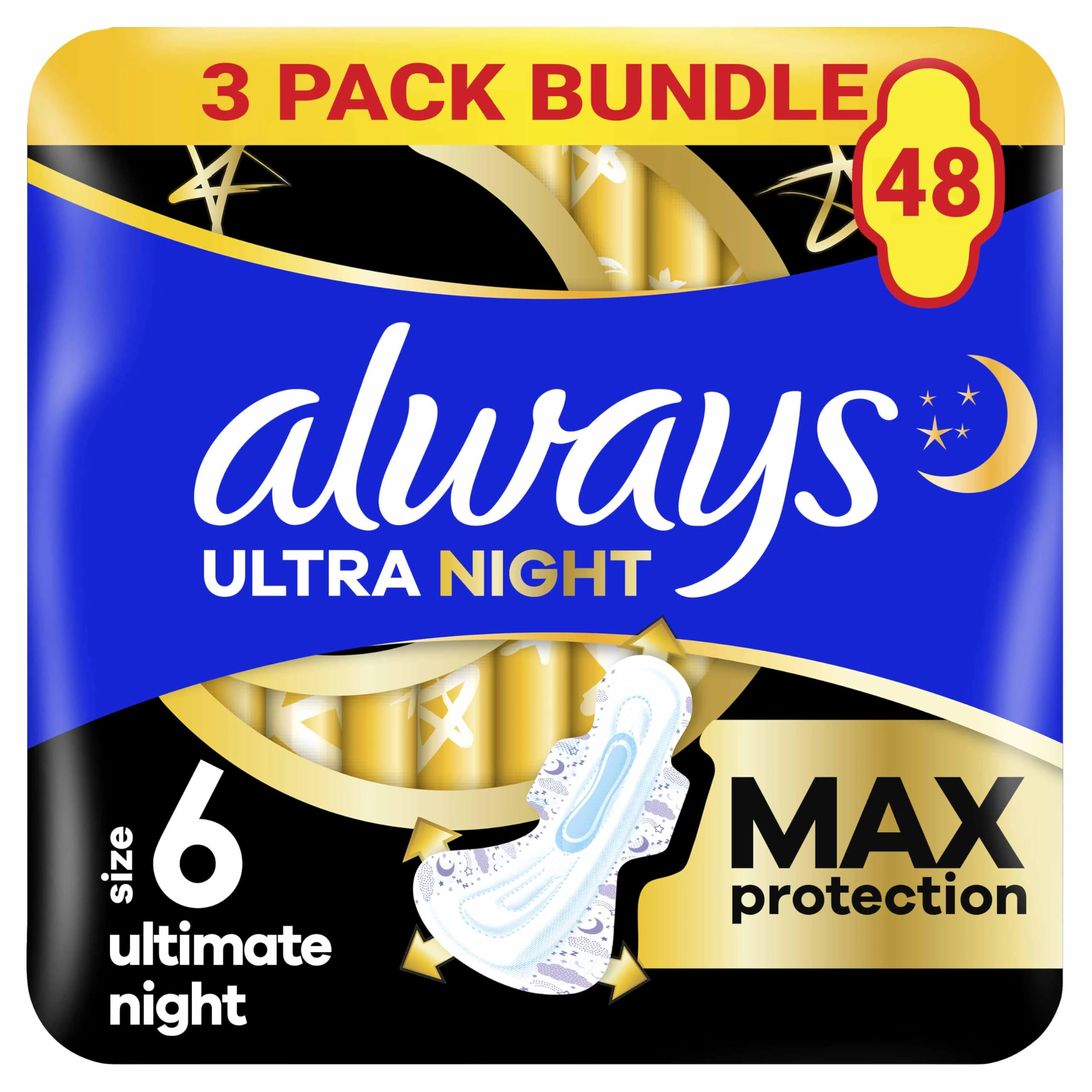 Always Ultra Sanitary Towels Secure Ultimate Night (Size 6) with Wings 3 x 16 Pads, Super Absorbent and Ultra Thin, for Menstrual Periods