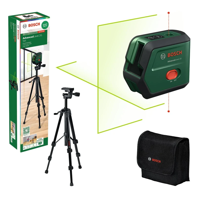 Bosch Cross line Laser AdvancedLevel 2G with TT 120 Tripod (self-Levelled Laser Cross, Green Laser, 3,6 V Li-Ion Battery with USB-C in-Tool Charging, in Cardboard Box)