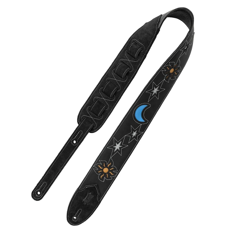 Levy's Leathers Sunbird Series Guitar Strap with Vibrant Multi-layered Sun and Moon Design, Featuring Genuine Black Suede Leather Ends (M4MN-BLK)