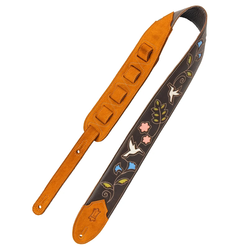 Levy's Leathers Sunbird Series Guitar Strap with Vibrant Multi-layered Hummingbird Design, Featuring Genuine Dark Brown Suede Leather Ends (M4HB-DBR) - Image 1