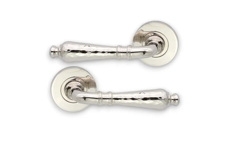 Infinity Decor Pair of Polished Nickel Hammered Brass Lever on Rose Door Handles Set (115mm) - Ideal for Internal & Exterior Doors