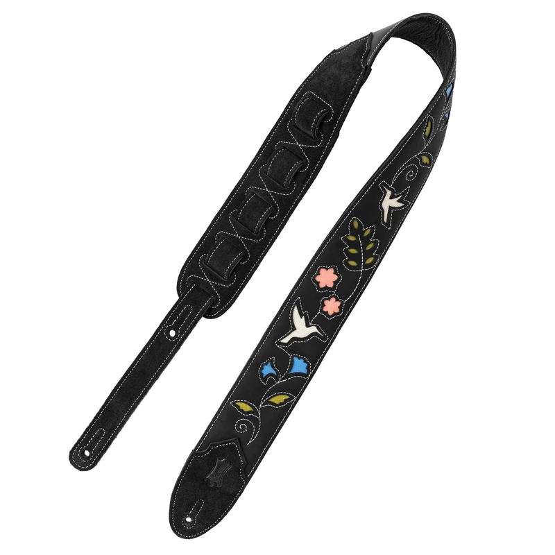Levy's Leathers Sunbird Series Guitar Strap with Vibrant Multi-layered Hummingbird Design, Featuring Genuine Black Suede Leather Ends (M4HB-BLK)