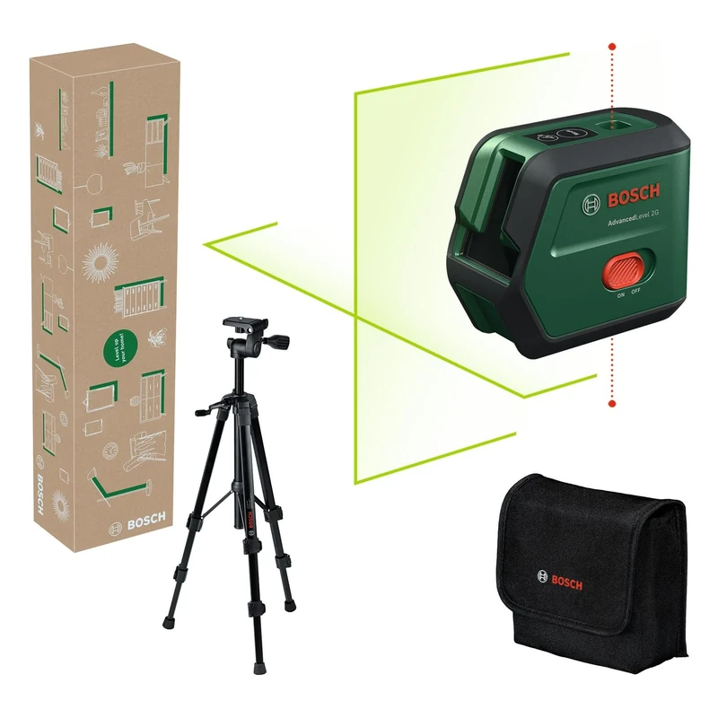 Bosch Cross line Laser AdvancedLevel 2G with TT 120 Tripod (self-Levelled Laser Cross, Green Laser, 3,6 V Li-Ion Battery with USB-C in-Tool Charging, in E-Commerce Cardboard Box)