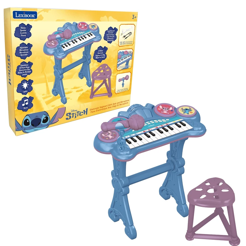 Lexibook, Stitch Electronic Keyboard with Seat and Microphone, 24 Light-Up Keys for Learning Music and Aux-In Cable, Blue, K707D