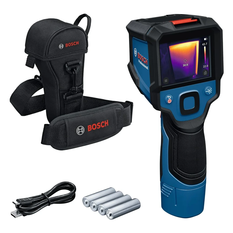Bosch Professional Thermo Camera GTC 12V-450-13 (256x192 px Resolution, -20°C to +450 °C, Dual Power Source, AA1 Battery Adapter, 4X 1.5 V LR6 AA, Pouch, USB-C® Cable, Folding Box)