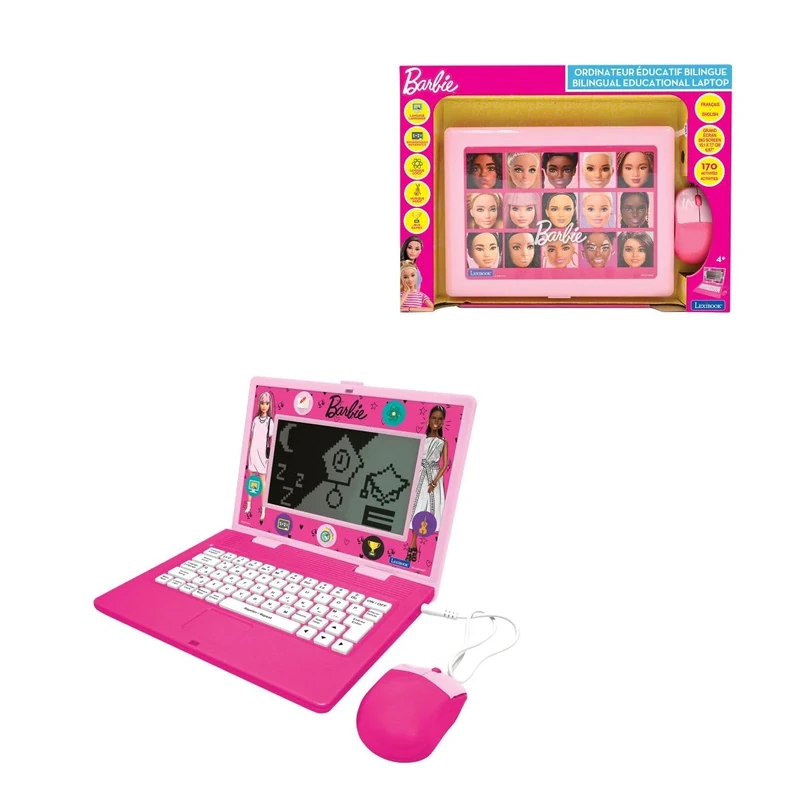 LEXIBOOK, Barbie bilingual educational talking laptop with 170 activities (85 in each language) large 6.7” screen in English and French, Pink, JC599BBi1
