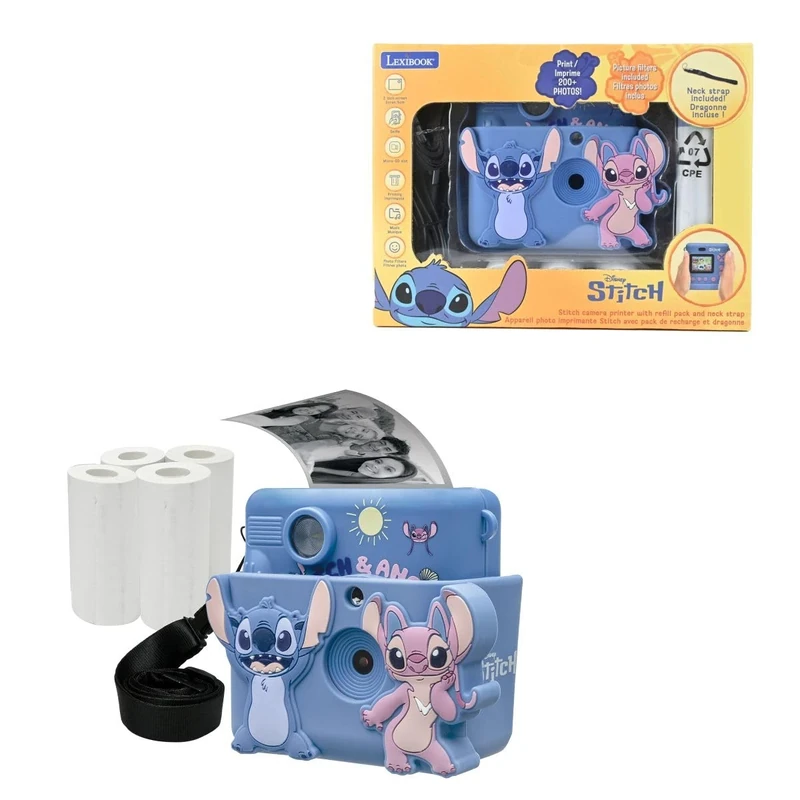 LEXIBOOK, Disney Stitch, Starcam® Print, camera pack with instant printer, SD card, 4 paper rolls, Blue, DJ130DZ