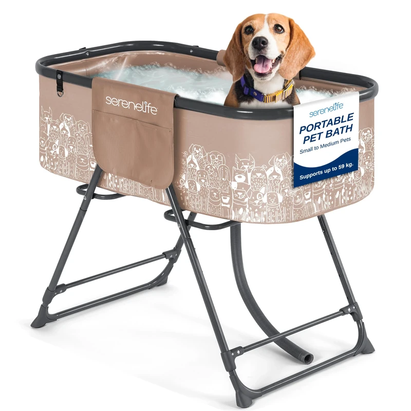 SereneLife Portable Dog Bath Tub, Foldable Grooming Dog Washing Station, Large Puppy Bath with Adjustable Height, Drain Hose & Storage Pockets, 59Kg Capacity for Indoor/Outdoor Use (Brown)