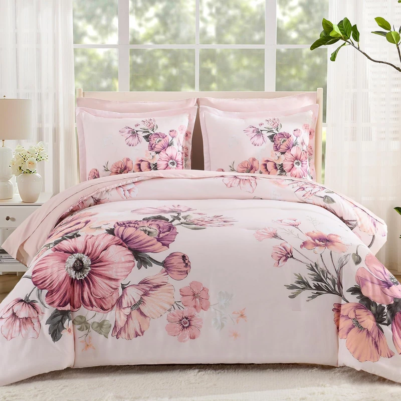 LLDSYW King Size Comforter Set - 7 Pieces Floral Comforter and Sheet Set, Pink King Size Bed in a Bag, Soft Microfiber Flower Complete Bedding Set for All Seasons（Pink,104"x90"）