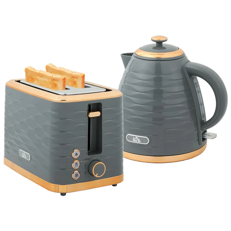 HOMCOM Kettle and Toaster Sets, 3000W 1.7L Rapid Boil Kettle & 2 Slice Toaster with 7 Browning Controls, Defrost, Reheat and Crumb Tray, UK Otter Thermostat, Grey