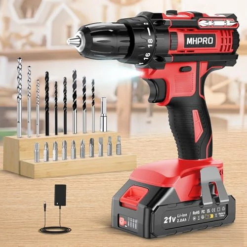 MHPRO 21V Cordless Drill Bit Driver Cordless Drill 42N.m Drill with 2.0Ah Battery, 18+1 Torque Settings, LED, 2 Speed, 20 Accessories for DIY Project