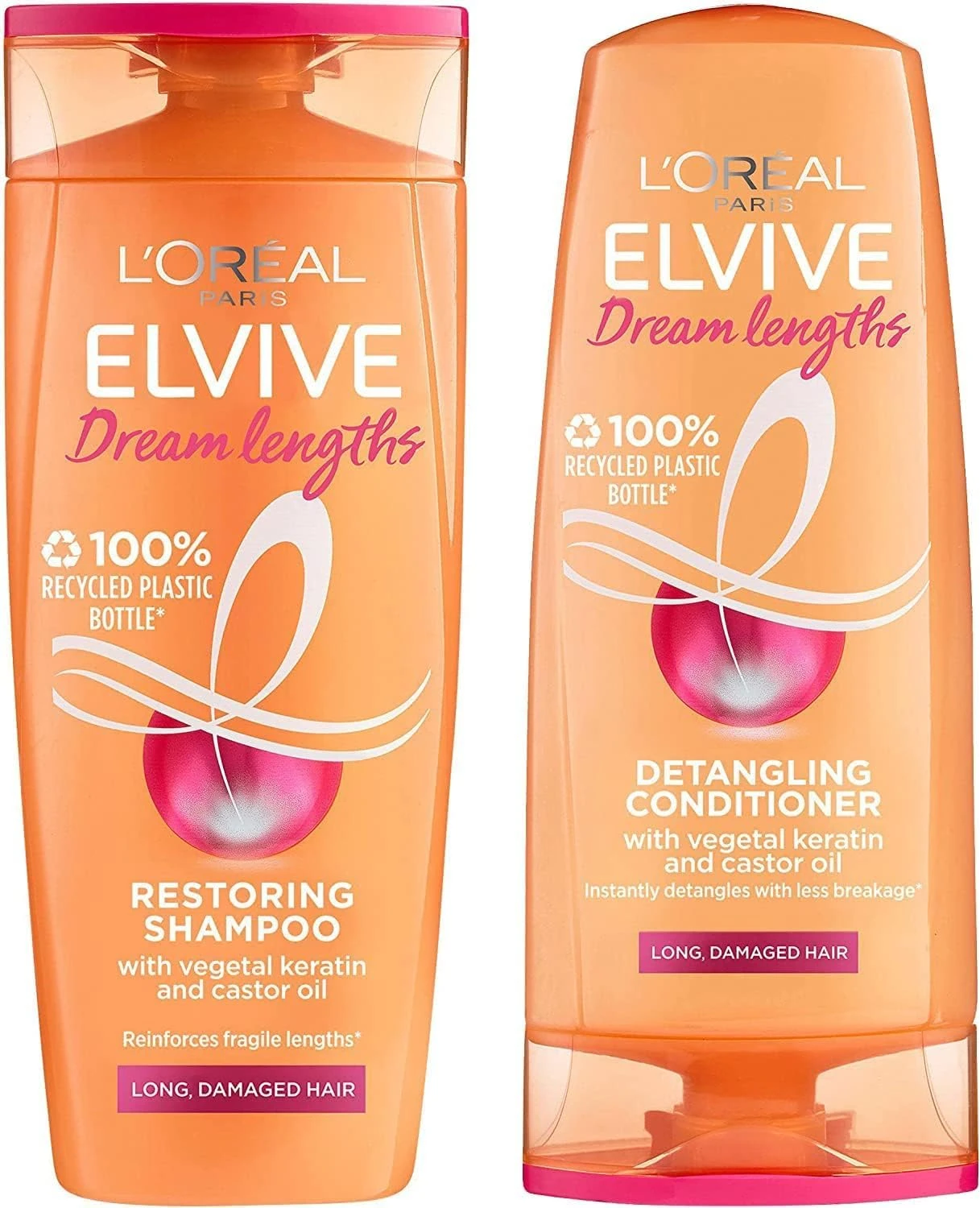 L'Oréal Elvive Dream Lengths Shampoo 250ml & Conditioner 200ml Set for Long Hair, Nourishing Repair with Castor Oil & Vitamins for Damaged Ends, Smooth & Strong Hair