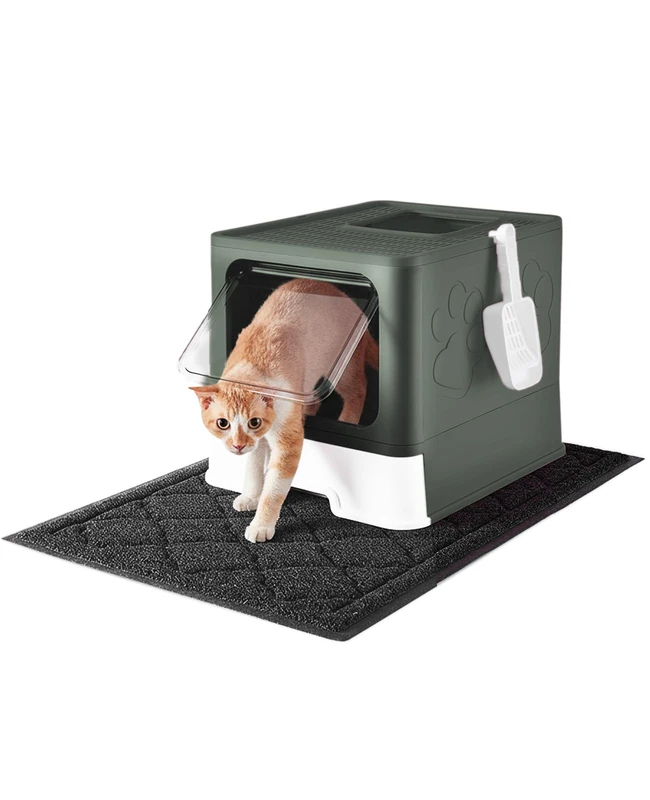 Medario Cat Litter Box with X-Large Litter Mat and Scoop, Large Covered Litter Box with Lid, Enclosed Kitty Box,Front Top Entry Exit, Odor Control Easy to Clean (Upgrade Olive Green)