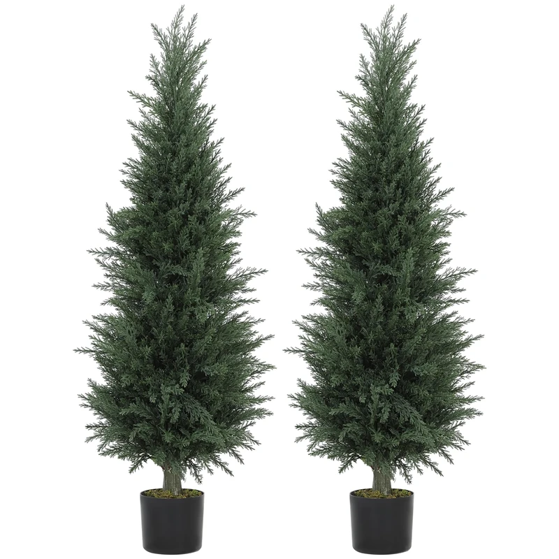HOMCOM Artificial Plants Outdoor, 120 cm Fake Cypress Tree with Plastic Pots, UV-Resistant Faux Plants for Garden Front Porch Decoration, 2 Pack