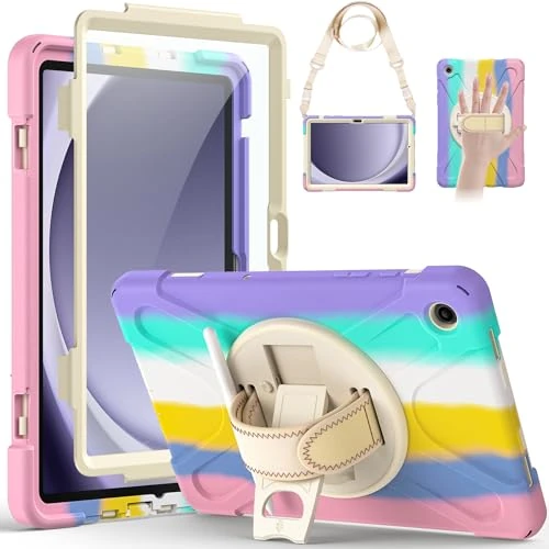 Gerutek Case for Samsung Galaxy Tab A9+/ A9 Plus Case 11" 2023, Full-Body Drop Protection Shockproof Cover with Screen Protector, 360° Rotating Stand, Hand/Shoulder Strap, Pencil Holder, Dazzling Pink
