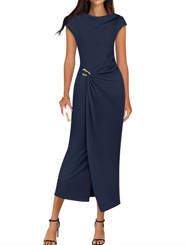 ZESICA Women's 2026 Summer Cap Sleeve Casual Bodycon Dress Elegant Wedding Guest Cocktail Party Long Midi Dresses, Navy, S - Image 1