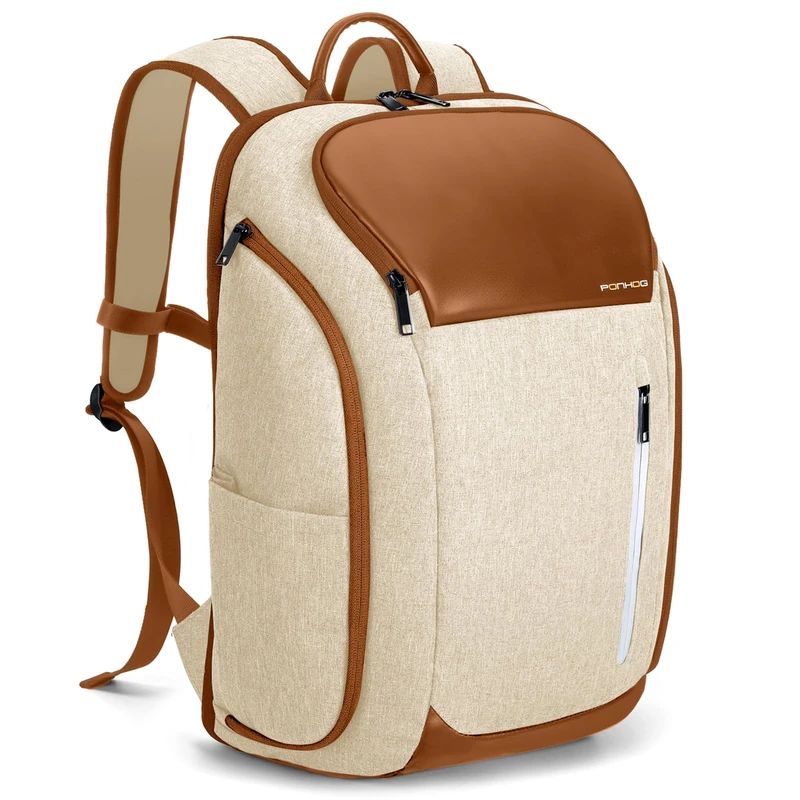 Ponhog Laptop Backpack Women - 30L Large Capacity Anti-Theft Lightweight Business Rucksack with Multiple Pockets, Fits 17.3 Inch Laptop, Beige
