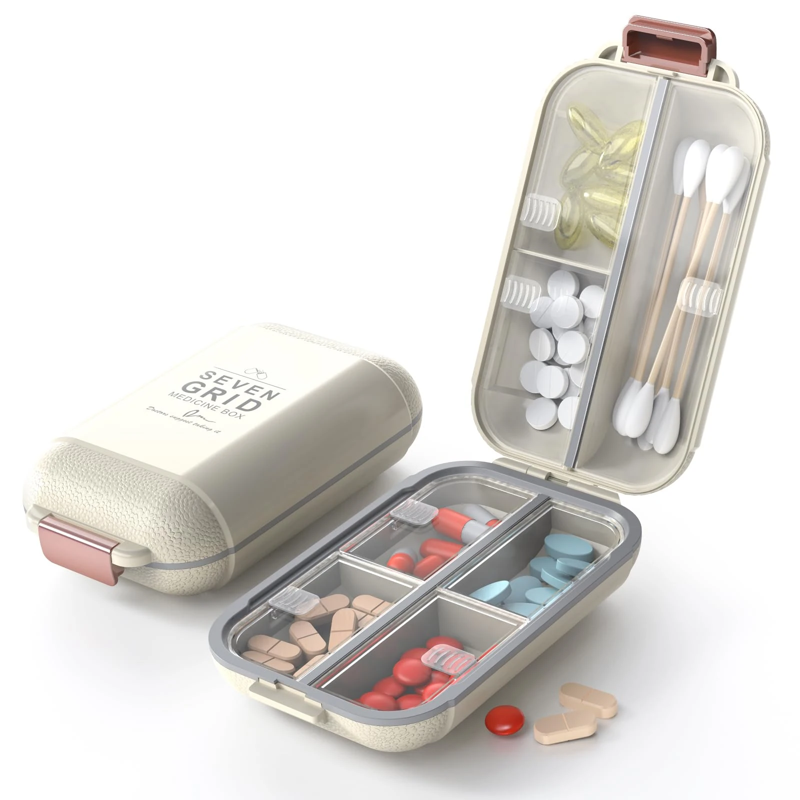 ZORVIDSON Travel Pill Organizer, Portable Pill Box with 7 Compartments, BPA-Free Plastic Pill Holder, Compact Medicine Pill Case for Vitamins & Supplements (White, Large)