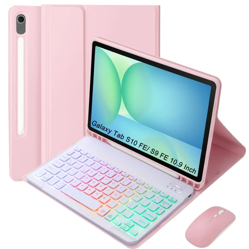 VLEAQC Keyboard Case for Samsung Galaxy Tab S10 FE 10.9"/S10 Lite 5G 2025/S9 FE 10.9 Inch/S9 11 Inch 2023, Mouse and Detachable Bluetooth Backlit Keyboard, Lightweight Cover with Pen Holder (Pink)