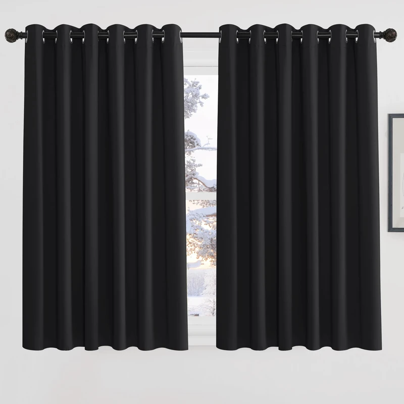 PONY DANCE Black Blackout Curtains for Bedroom Eyelet Thermal Insulated Curtains 54 Drop Extra Wide Drapes for Room Darkening/Privacy Protection, 2 Pieces, W90 X L63 Inch, Black