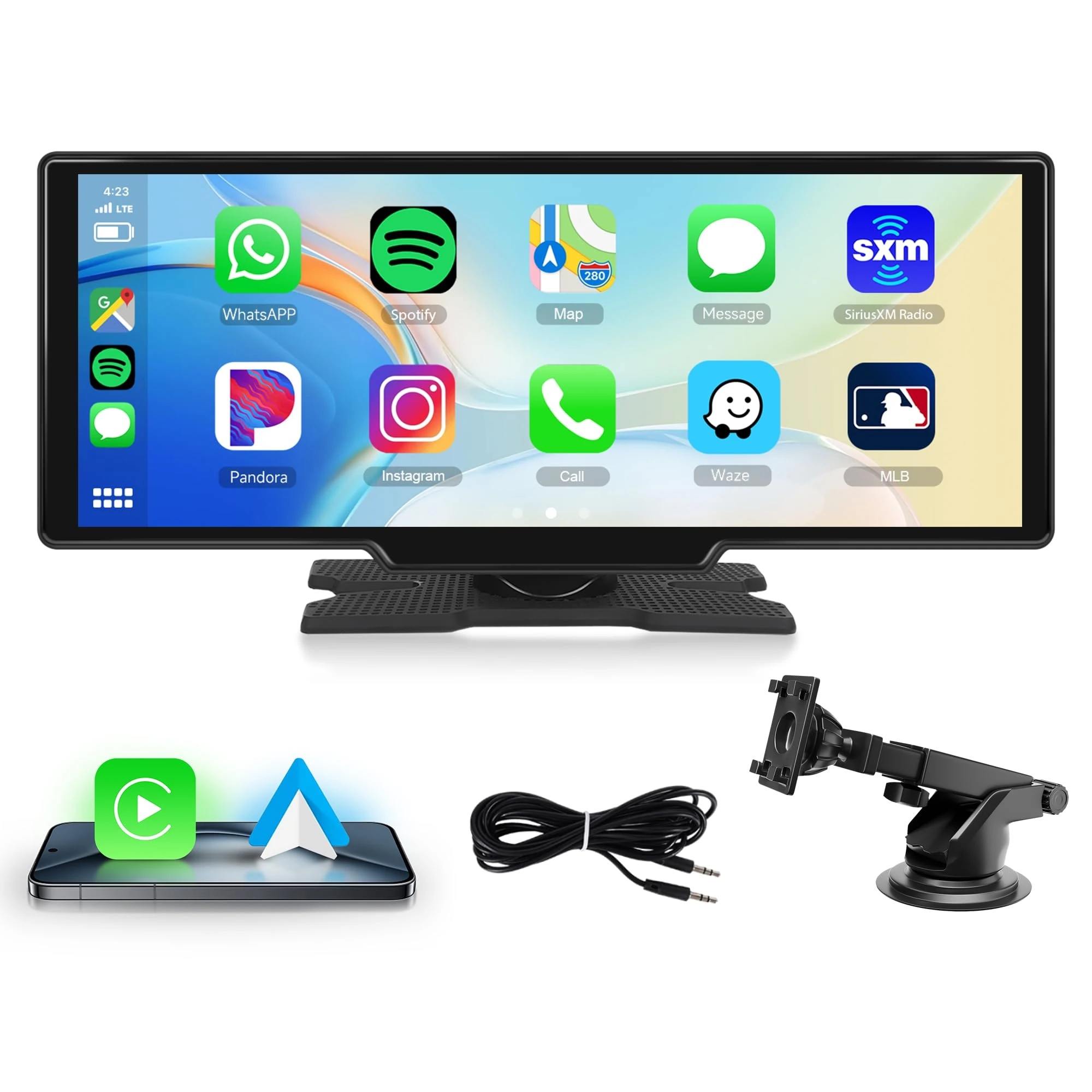 10.26 Inch Portable Wireless Carplay Screen Android Auto Car Play Touchscreen Portable Car Radio, FM Transmission Bluetooth AirPlay Online Video EQ AUX for 7V-32V Vehicles