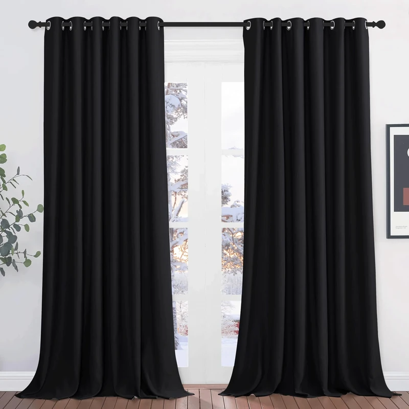 PONY DANCE Blackout Black Curtains for Bedroom - Thermal Insulated Curtains with Eyelet 2 Panels, 90 Inch Width x 96 Inch Drop Noise Reducing Energy Saving Drapes for Living Room/Hotel