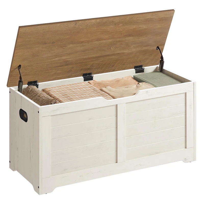 VASAGLE Storage Chest, Farmhouse Shoe Storage Bench, Blanket Box with 2 Safety Hinges, 40 x 100 x 46 cm, for Hallway, Bedroom, Living Room, Rustic White and Honey Brown LSB061WJ01