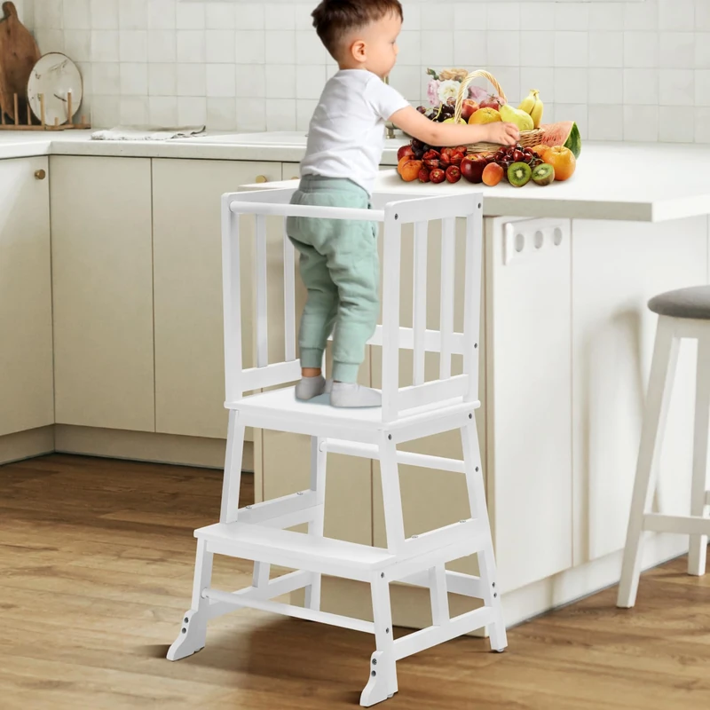 COSYLAND Toddler Kitchen Step Stool Tower - Kids Nursery Step Stool Standing Tower for Kitchen Counter - Mothers' Helper Kids Learning Stool, Made of Natural Solid Bamboo (White)