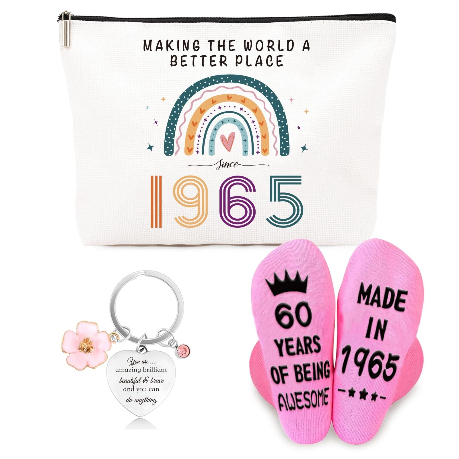 ZUFIO Funny 60th Birthday Gift for Women - 60th Birthday Retro Cosmetic Bag, Personalized Socks, Inspirational Keychain- Gift Ideas for Bestie,Best Friend, Sister(1965)