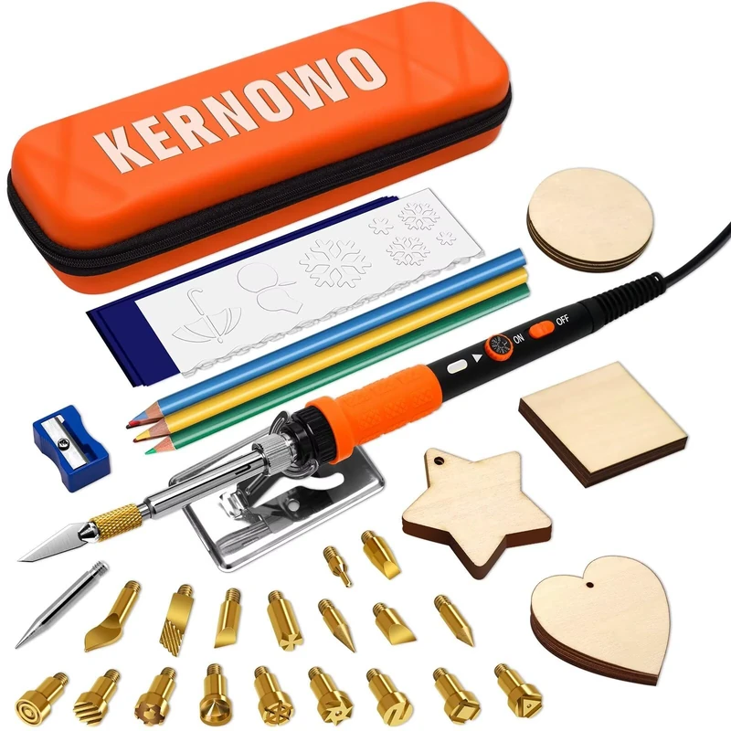 K KERNOWO Pyrography Wood Burning Tool Set 76-in-1 Wood Burning Kit with 70W Adjustable Temperature Pyrography Pen, 22 Tips, Stencils, Timbers and Carbon Papers for Engraving and Embossing