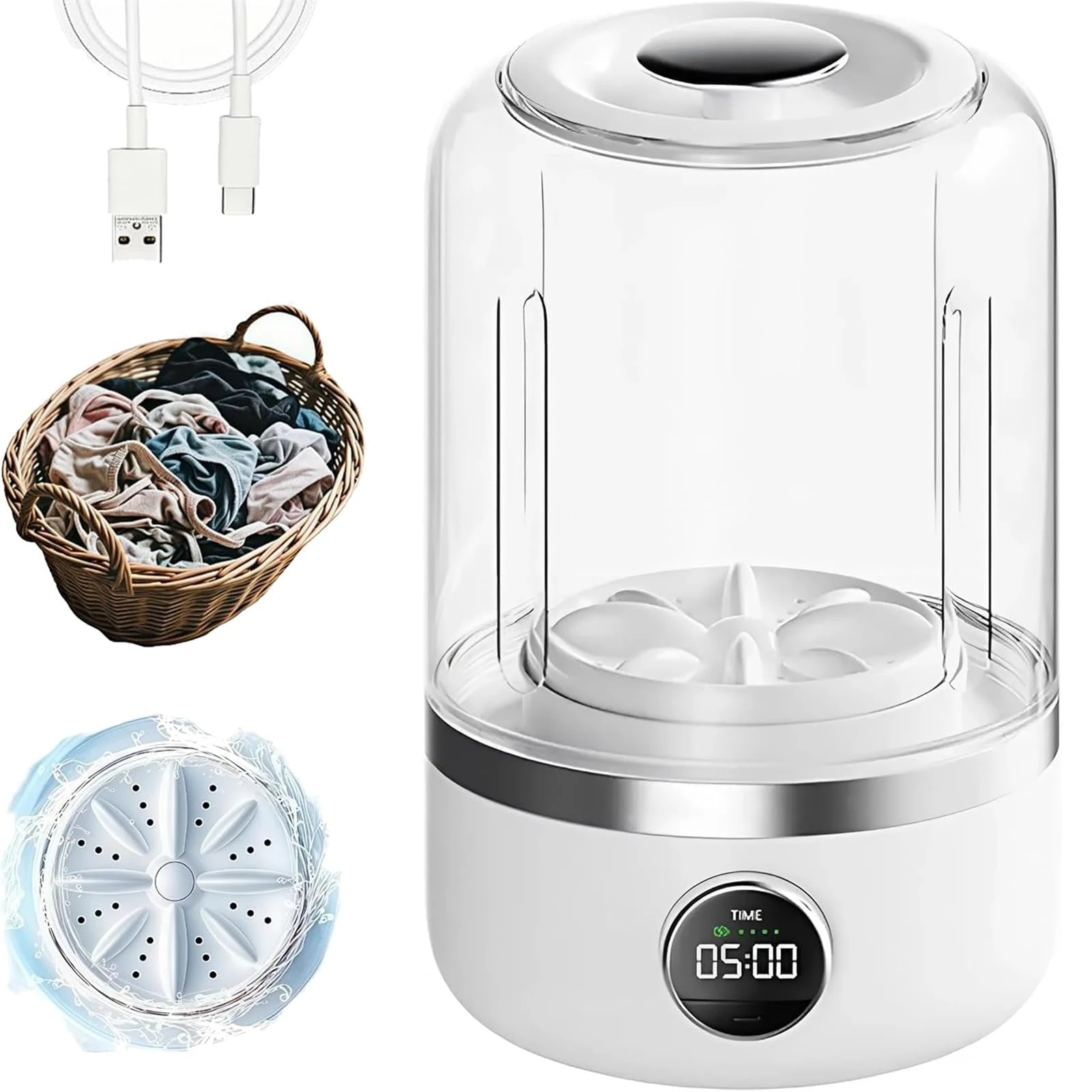 Portable Rechargeable Mini Washing Machine for Underwear, wireless portable laundry cup, Ultrasonic Washer, Rechargeable Cordless Small Laundry Machine Ideal for Home, Apartment,Travel (white)