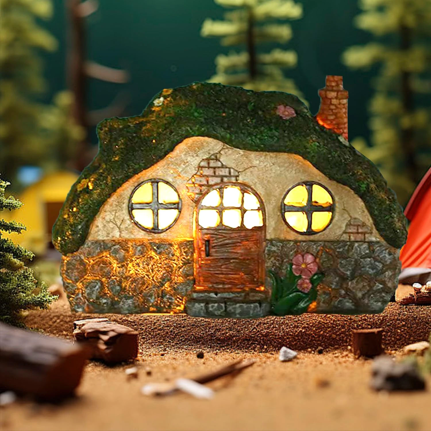 atibi Fairy Garden Ornament Outdoor,Solar Powered LED Fairy House for Garden Waterproof Resin Dwelling Ornament Night Light for Home Yard Decoration